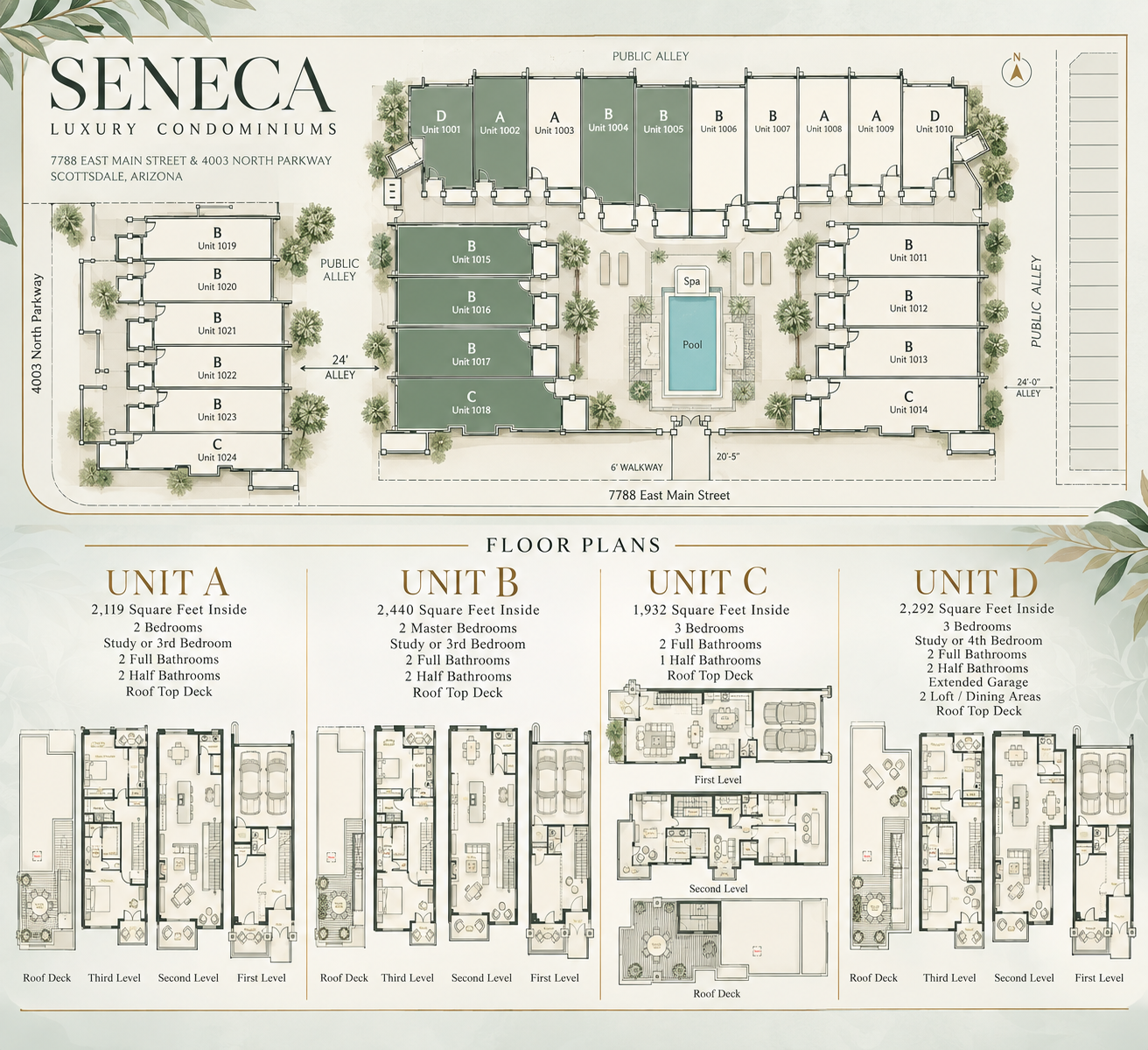 Seneca Luxury Condominiums site plan and floor plans — Units A, B, C, D